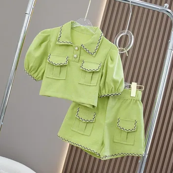 Детски модни дрехи комплекти 2023 Летни нови детски ризи и шорти Костюм от две части Бебешки момичета 2 части облекло