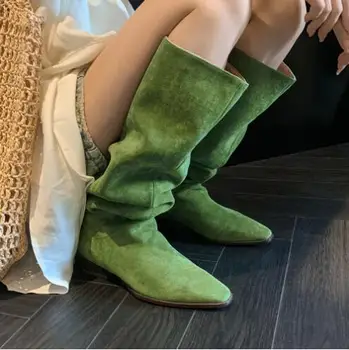 Дропшипинг момичета зелен розов кайсия велур заострени пръсти голям прасец 3 см ниски токчета нагънат хлабав коляното високо дълги ботуши обувки жени