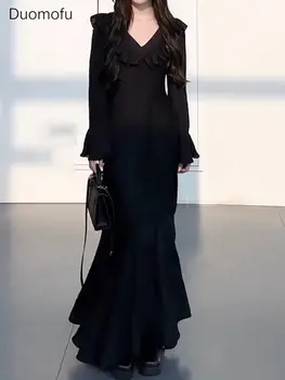 Дуомофу Есен Нови черни основни V-образно деколте сладки женски рокли Френски елегантен офис дами мода плътен цвят прости жени рокля