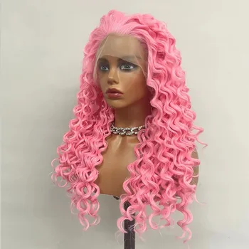 Дълга къдрава вълна дантела предна перука синтетична коса розови перуки за черни жени предварително оскубана дантела затваряне перука с бебешка коса