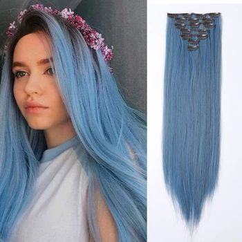 Дълги сини клипове в разширения за коса 20inch 16 клип на синтетична права синя коса Cosplay Хелоуин естествена коса за жени
