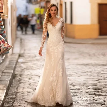 Дълъг ръкав дантела русалка сватбени рокли 2024 V-образно деколте тюл булчинска рокля за жени с за жени направени роба De Mariee персонализирате