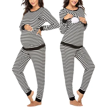 Европейски и американски нови майчинство пижама ивица дълъг ръкав кърменето дома сън майчинство комплект