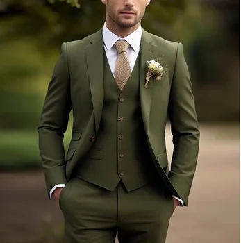 Елегантни мъжки костюми пълен комплект (яке + жилетка + панталони ) Армия зелено тънък FIT бизнес случайни смокинг блейзър бежов младоженец сватбени костюми