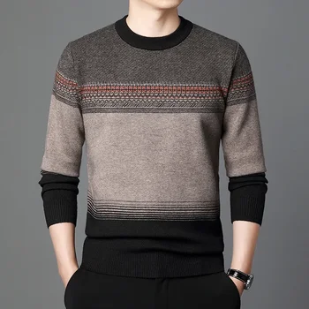Есен Бизнес ежедневни пуловер мъжки жакард ивица трикотажни пуловер пуловер Мъжко облекло