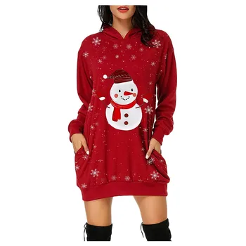 Есен Зима Дамски рокли Коледа снежен човек печат парти рокли карикатура смешно Коледа сладък мини рокли вечерни дрехи женски