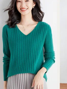 Есен Нови жени кашмир пуловер v-образно деколте кратко пуловер хлабав плътен цвят дълъг ръкав южнокорейски лента женски трикотаж върховете