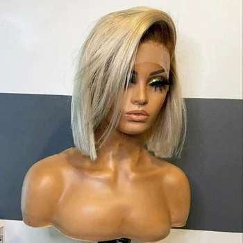 Естествена линия на косата мека омбре блондинка къса подстрижка Bob 613 права дантела предни перуки за черни жени с бебешка коса Daily Cosplay
