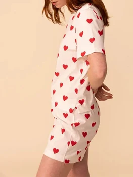 Жени Ден на Свети Валентин пижама комплект сърце печат къс ръкав тениска шорти спално облекло шезлонги