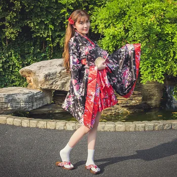 Жени Сакура печат кимоно с Obi Лолита рокля дами гейша японски изпълнение хаори юката прислужница униформа косплей костюм