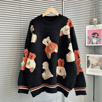 Жените реколта мечка пуловер есен зима хлабав извънгабаритни пуловер трикотаж Топ BF Унисекс двойки японски случайни плетени джъмпер