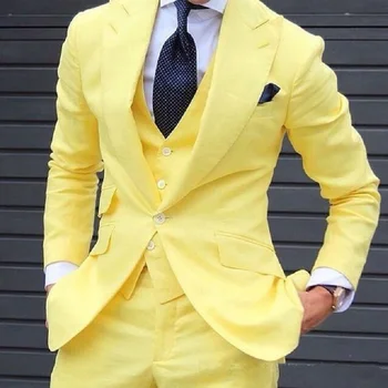 Жълт връх ревера един бутон костюми за мъже 3 парче яке с панталони жилетка най-новия дизайн мода абитуриентски бал сватба мъжки костюм тънък