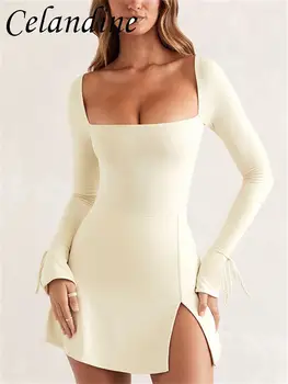 Жълтурчета зимен квадратен врат цепка Bodycon секси рокля превръзка пристъп дълъг ръкав превръзка мини рокли жени 2023