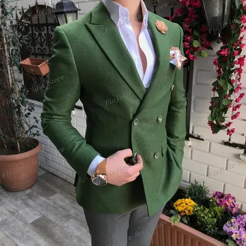 Зелено яке сиви панталони 2 парче комплект мъже смокинг младоженец Groomsman бизнес костюм сватбено парти рокля специални поводи Tuxedo