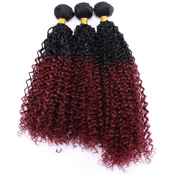 Извратени къдрави синтетични снопчета коса 100g / бр Ombre Бургундия Jerry Wave FIber Разширения за коса Вино червено вълнообразно за черни жени