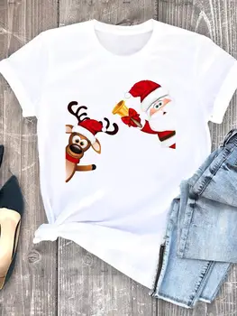 Карикатура Дядо Коледа Trend 90s печат O-образно деколте Нова година графична тениска Коледа жени дрехи мода дама случайни женски риза Tee