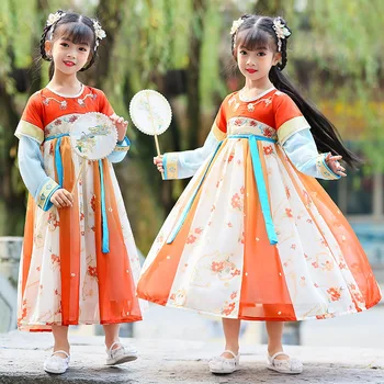 Китайски прекрасен пролет лято нови деца древен ханфу деца дълъг ръкав бродерия изпълнява костюми момичета Tang костюм