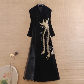 Китайски стил тънък ханфу есен 2023 Феникс тежки индустрии бродерия дантела кадифе елегантна тънка рокля жени