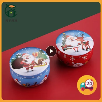 Коледа бонбони кутия калай бонбони опаковка може свещ контейнер печат кръг мини организатор кутия за съхранение деца подарък дърво Коледа