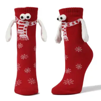 Коледа държи чорапи свързване двойка чорапи магнитно засмукване снежинка печат смешно големи очи чорапи държейки ръце смешни подаръци