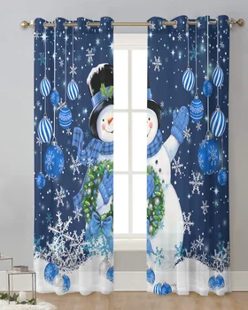 Коледа Зима Син снежен човек завеса тюл завеси за хол кухня прозорец лечение Voile завеси