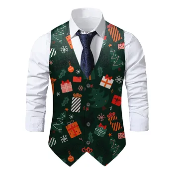 Коледа печат Коледа зелен банкет жилетка мода парти жилетка за мъже едноредно облекло 2023 Семеен костюм на жилетка