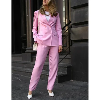 Костюм жени мода розов нетактичност панталон реколта V врата дълъг ръкав нетактичност + висока талия панталони комплекти свободно време офис дама костюм