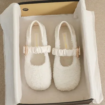 Кратък голям размер плюшени дамски обувки извън бели дамски обувки есен зима нови плюшени обувки за жени апартаменти Мери Джейн обувки