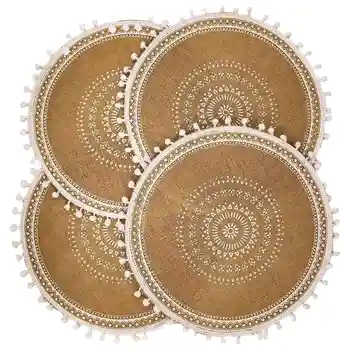 кръгли подложки Комплект от 4 бохо тъкани ютени подложки за маса с пискюл от помпон за декор на кухненска маса за трапезария (бяла топка)