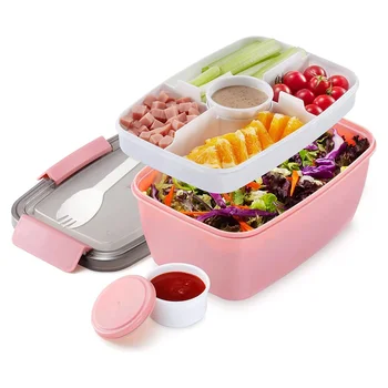 Кутия за обяд за възрастни, 2000 мл, кутия за обяд с отделения, 2-степенна кутия за салата, за да отидете, устойчива, устойчива на течове розова