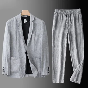 Ленен блейзър Man 2 парче памучни костюми Мъжко яке тънък стил пролет есенни панталони топ палто случайни лято