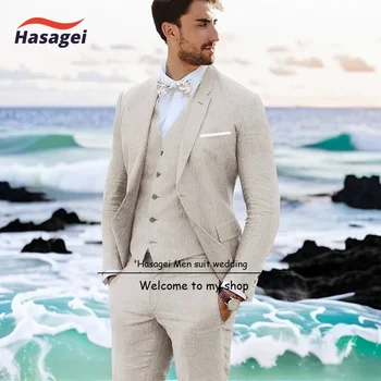 Летен ленен костюм за мъже плаж сватба смокинг яке панталони жилетка 3-парче комплект младоженец персонализирани нетактичност комплект