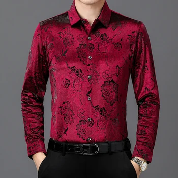 Луксозни винено червени велурни ризи Мъжка черно-зелена кадифена блуза Gents Casual Мъжко облекло Големи размери Социални джентълменски върхове