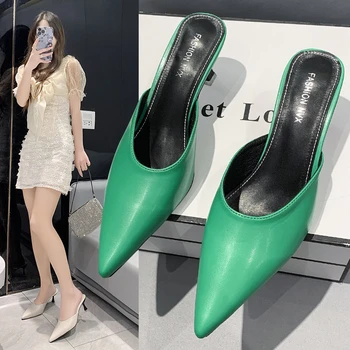 Лято Горещи продажба на жените високи токчета чехли заострени пръсти шило плътен цвят лек елегантен открит случайни дамски обувки