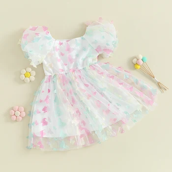 Лято Детски момичета Ежедневни A-line рокля Къс ръкав тюл принцеса рокля Сладки дрехи