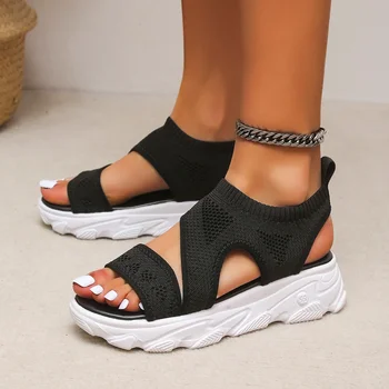 Лято Нови жени дебела подметка случайни плетени сандали дишаща куха мрежа спортни обувки отворени пръсти клин платформа Sandalias
