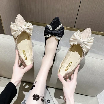 Меко дъно перлен лък заострени пръсти плоски обувки жени лято 2023 пролет есен нова квадратна пета плитка уста случайни дамски обувки