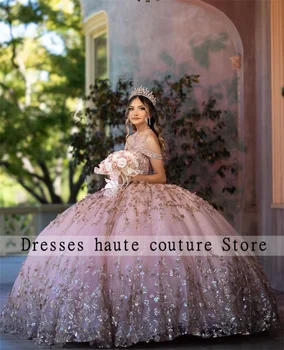 Мексико Розово злато дантела пайети Quinceanera рокля 2024 луксозен дълъг ръкав мъниста къдрава топка рокля сладък 16 рокля корсет