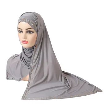 Мода обикновен Джърси хиджаб кристал ръб шал жени шал мюсюлмански забрадки ислямски шалове