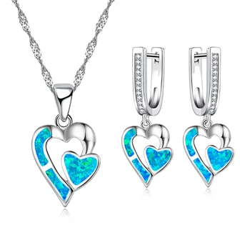 Мода Романтична двойна имитация на сърце Blue Fire Opal висулка Колие Обеци за жени Сватбена лента Комплект аксесоари за бижута