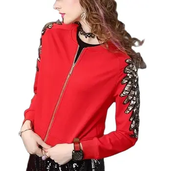 Моден дизайн Палто с мъниста с пайети Дамски върхове 2023 Нова пролет есен тънък тънък случайни жени яке червено черно кратко случайни връхни дрехи