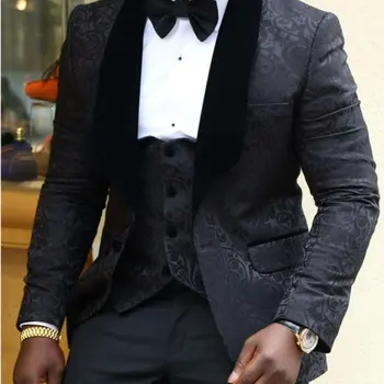 Моден жакардов мъжки костюм (Blazer + Pant + Vest) Черна бродерия шал яка елегантна сватбена рокля банкет бизнес мъжки 3 бр комплект