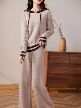 Моден костюм 2023 Есен Зима Нов 100% вълнен плетен пуловер Дамски върхове и широки панталони за крака Женски костюми от две части