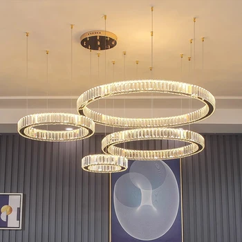 Модерен LED таван полилей луксозен K9 кристал кръг хол таван полилей вътрешен пръстен гланцово осветително тяло