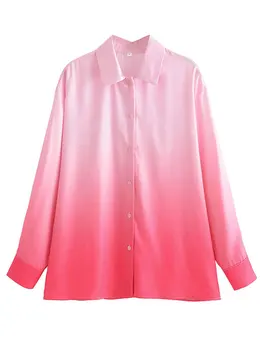 Модна градиентна риза 2 части комплект жени ежедневни ревера дълъг ръкав блуза комплекти 2023 пролет шик женски широк крак панталони костюм