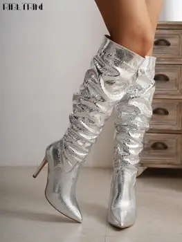 Модни жени Челси ботуши Stiletto високи токчета заострени пръсти средата прасеца треска метални обувки жена коляното високо секси елегантни ботуши