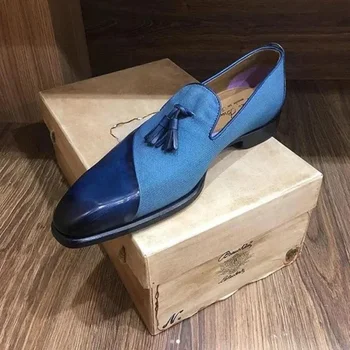 Мокасини за мъже Черно синьо пискюли мъжки обувки безплатна доставка Кръгли пръсти приплъзване ръчно изработени размер 38-48 Мъжки обувки