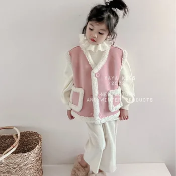 момичета жилетка палто корейски деца носят 2023 зимни нови деца корейска версия кожа един дебел топло хлабав розова жилетка момиче зимно палто