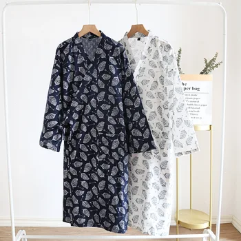 Мъже памук спално облекло печат листа кимоно халат рокля тънък спа халат с джоб случайни дома рокля торбести нощно облекло шезлонги