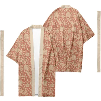 Мъжка японска традиционна етническа дълга кимоно жилетка Дамско кимоно растение цветен модел кимоно риза юката